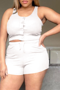 White Sexy Solid Buckle O Neck Sleeveless Two Pieces