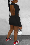 Black Fashion Sexy Regular Sleeve Long Sleeve Half A Turtleneck Mini Letter Embroidery Dresses