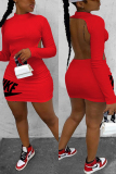 Red Fashion Sexy Regular Sleeve Long Sleeve Half A Turtleneck Mini Letter Embroidery Dresses