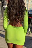 Light Green Sexy Solid Hollowed Out Turtleneck Pencil Skirt Dresses