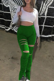Green Fashion Casual Solid Ripped Slit Regular High Waist Trousers