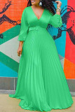 Green Fashion Casual Solid Split Joint V Neck Long Sleeve Dresses