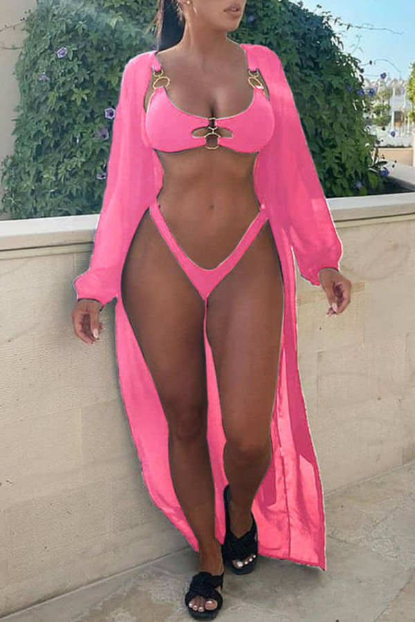Pink Fashion Sexy Solid Hollowed Out Swimwears Three-piece Sets