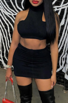 Black Sexy Solid Make Old Turtleneck Sleeveless Two Pieces