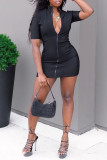 Black Sexy Casual Solid Basic Zipper Collar Short Sleeve Dress Dresses