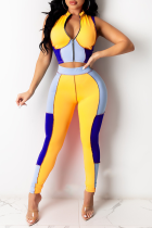 Yellow Sexy Color Block Split Joint Zipper Collar Sleeveless Two Pieces