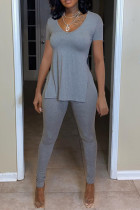 Grey Fashion Casual Solid Slit O Neck Long Sleeve Two Pieces