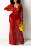 Red Fashion Sexy Solid Hollowed Out See-through Hooded Collar Long Sleeve Dresses