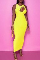 Yellow Fashion Sexy Solid Hollowed Out O Neck Sleeveless Dress