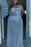Blue Sexy Fashion Printed Plus Size Sleeveless Skirt Set