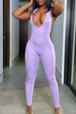 Pink Sexy Sportswear Solid Backless V Neck Skinny Jumpsuits