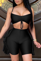 Black Sexy Casual Solid Backless Spaghetti Strap Sleeveless Two Pieces