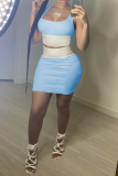 Light Blue Sexy Color Block Split Joint Square Collar Sleeveless Two Pieces