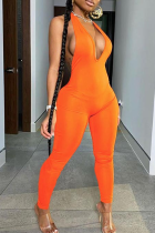 Orange Sexy Sportswear Solid Backless V Neck Skinny Jumpsuits
