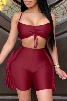Burgundy Sexy Casual Solid Backless Spaghetti Strap Sleeveless Two Pieces
