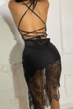 Black Fashion Sexy Solid Patchwork Backless Spaghetti Strap Sleeveless Dress Dresses