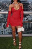 Red Fashion Sexy Solid Backless Slit Long Sleeve Dresses