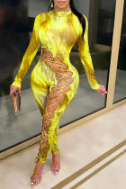 Yellow Sexy Print Hollowed Out Half A Turtleneck Skinny Jumpsuits