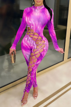 Purple Sexy Print Hollowed Out Half A Turtleneck Skinny Jumpsuits