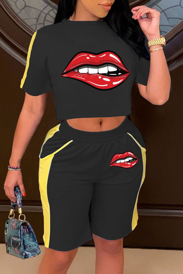 Black Fashion Casual Lips Printed Patchwork O Neck Short Sleeve Two Pieces
