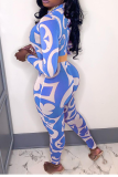 Blue Sexy Print Split Joint O Neck Long Sleeve Two Pieces
