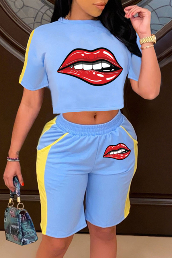 Blue Fashion Casual Lips Printed Patchwork O Neck Short Sleeve Two Pieces