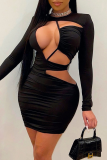 Khaki Sexy Solid Hollowed Out O Neck Pencil Skirt Dresses