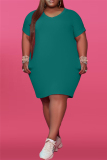 Green Fashion Casual Plus Size Solid Basic V Neck Short Sleeve Dress