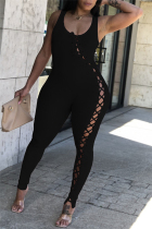 Black Fashion Casual Solid Hollowed Out Strap Design O Neck Skinny Jumpsuits