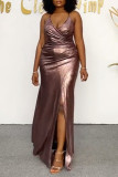 Champagne Fashion Sexy Solid Backless Slit Spaghetti Strap Evening Dress