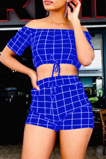 Blue Casual Print Patchwork Off the Shoulder Short Sleeve Two Pieces