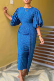 Blue Fashion Sexy Print Asymmetrical O Neck Irregular Dress