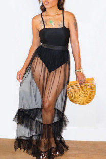Black Fashion Sexy Solid Split Joint See-through Spaghetti Strap Dress