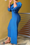 Blue Fashion Sexy Print Asymmetrical O Neck Irregular Dress