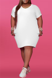White Fashion Casual Plus Size Solid Basic V Neck Short Sleeve Dress