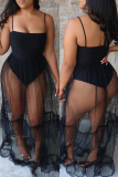Black Fashion Sexy Solid Patchwork See-through Spaghetti Strap Dress
