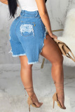 Blue Denim Button Fly Sleeveless High Asymmetrical Patchwork Solid Straight shorts Shorts