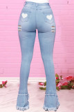 Medium Blue Fashion Casual Print Ripped High Waist Skinny Jeans