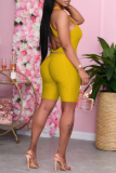 Yellow Sexy Solid Split Joint O Neck Sleeveless Two Pieces