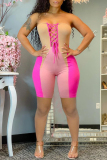 Pink Sexy Casual Patchwork Backless Strap Design Strapless Skinny Romper