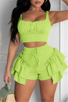 Fluorescent Green Sexy Casual Solid Split Joint Spaghetti Strap Sleeveless Two Pieces