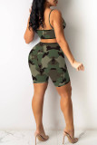 Army Green Fashion Sexy Print Hollowed Out Backless V Neck Sling Romper
