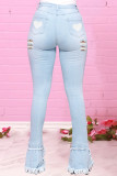 Baby Blue Fashion Casual Print Ripped High Waist Skinny Jeans