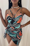 Green Sexy Print Split Joint Chains Swimwears Two Pieces