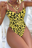 Yellow Sexy Print Split Joint Chains Swimwears Two Pieces