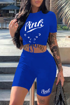 Blue Sexy Casual Letter Print Strap Design O Neck Short Sleeve Two Pieces