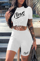 White Sexy Casual Letter Print Strap Design O Neck Short Sleeve Two Pieces