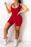 Rose Red Casual Sportswear Solid Backless O Neck Skinny Romper