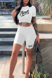 Black Sexy Casual Letter Print Strap Design O Neck Short Sleeve Two Pieces
