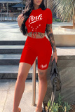Red Sexy Casual Letter Print Strap Design O Neck Short Sleeve Two Pieces